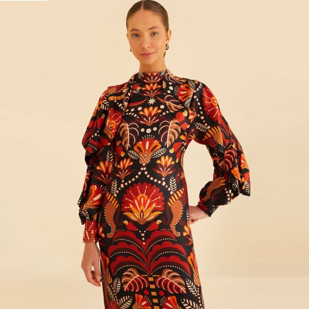 Farm Rio Red Nature Beauty Scarf Backless Midi Dress - Picture 2 of 16